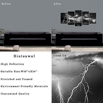 Biuteawal - Black and White Wall Art Nature Lightning Strikes in The Clouds Painting on Canvas Storm and City Night View Picture Print for Home Office Living Room Decoration Wall Decor - size: W50"xH24"