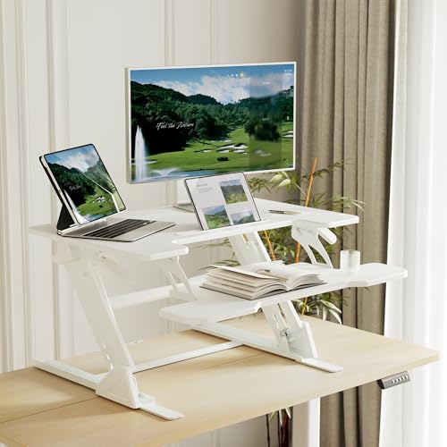Claiks Standing Desk Converter 32 inch, Height Adjustable Sit Stand Up Desk Riser, Quick Sit to Stand Tabletop Dual Monitor Riser Workstation for Home Office with Keyboard Tray, White - color: White-1, size: 32 inch