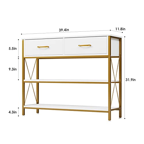 HITHOS Industrial Console Table with 2 Drawers, Narrow Long Entryway Table with 3-Tier Storage Shelves, Industrial Sofa Foyer Table for Living Room, Hallway, Entry Way, Foyer, Kitchen, White/Gold - size: 39.4"