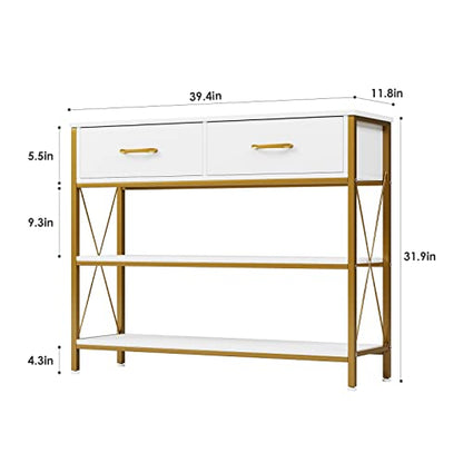 HITHOS Industrial Console Table with 2 Drawers, Narrow Long Entryway Table with 3-Tier Storage Shelves, Industrial Sofa Foyer Table for Living Room, Hallway, Entry Way, Foyer, Kitchen, White/Gold - size: 39.4"