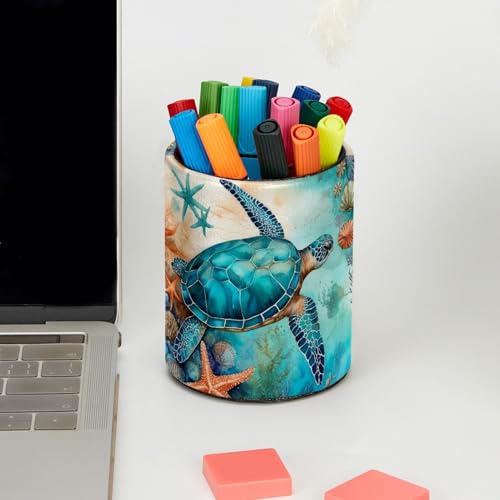 Ocean Turtles and Starfish Pen Holder Pencil Organizer for Desk, 3.1”x 3.1”x3.9” Pencil Cup Office Supplies, Large Capacity Cute Pen and Makeup Brush Holder for School, Desktop - color: Ocean Turtles and starfish