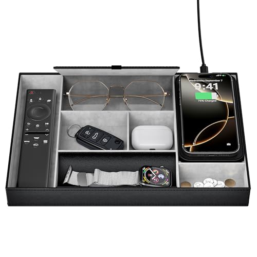 Leather Valet Tray with Wireless Charging Pad - Luxury EDC Nightstand Organizer for Men - Premium Desk Tray for Phone, Watch, Glasses & Keys - Sleek Office Desk Accessories & Gift for Him (Black) - color: Black with Lid