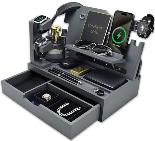 Nightstand Organizer for Men with Large Drawer, Wood Phone Docking Station for Phone, Apple Watch, Wallet & Keys, Ideal Birthday Gift for Father Husband, Bedside Desk Organizer (Grey) - color: Grey