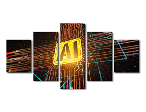 TUMOVO Wall Art for Bedroom Chip Details Canvas Painting Wall Art Artificial Intelligence Concept Prints Wall Art Artwork for Home Walls 5 Piece Wall Art Modern Wall Decor for Bedroom, 60"x32" - color: Artwork-04, size: 60''Wx32''H