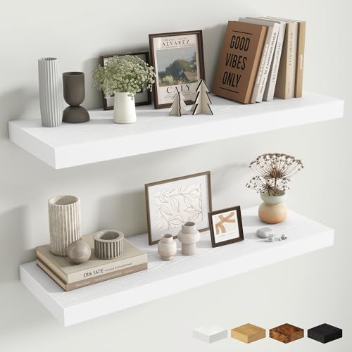 Fun Memories Floating Shelves for Wall, 32 Inch Long Floating Shelves Set of 2, 32 x 10 Wooden Shelves for Wall, Large Storage Shelves, Hanging Shelves for Bathroom Kitchen Bedroom, White - color: Modern White, size: 32W x 10D x 1.5H