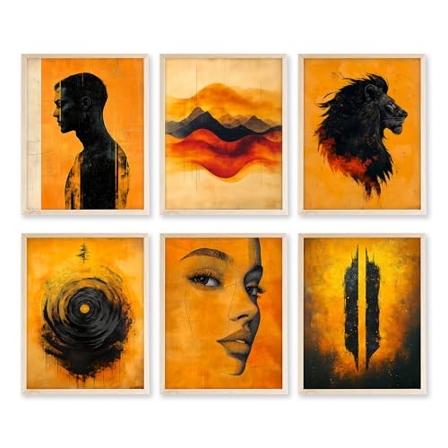 Eastern Print Set of 6 Abstract Masculine Wall Art Prints – Bold Orange & Black Lion, Silhouette, Face Line Posters – Modern Unframed 8x10 Decor for Men’s Room, Office, Man Cave or Creative Studio - color: Warm Yello Abstract