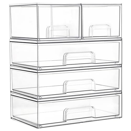 Vtopmart Clear Stackable Storage Drawers Set of 5, Plastic Organizer Bins for Makeup, Cosmetics, Beauty Supplies,Ideal for Vanity, Bathroom,Cabinet,Pantry Organization - style: 2 Small+3 Wide