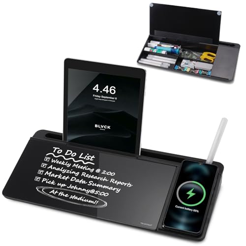 Small Glass Desktop Whiteboard Dry-Erase-Board - Computer Keyboard Stand with Wireless Charger White Board Surface Pad with Drawer, Desk Organizers with Accessories for Office, Home, School Supplies - color: Wireless Charging - Black