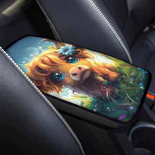 Wanyint Cute Highland Cow Car Center Console Armrest Cover Universal fit for SUV Truck Vans Sedans, Armrest Seat Box Cover Protector Pad Lid - color: Cute Highland Cow