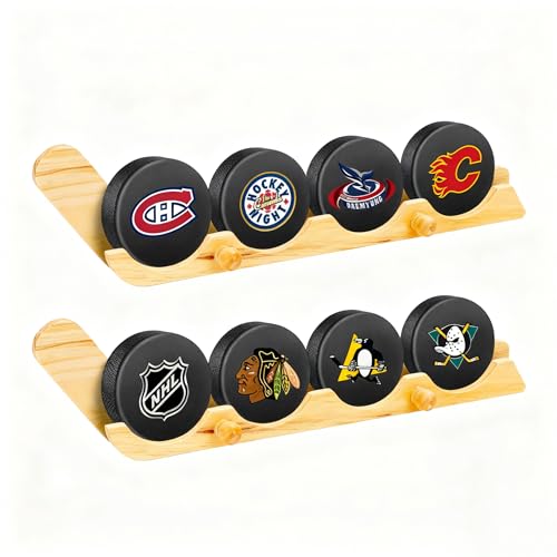 2 Pack Hockey Puck Display Cases for Father's Day Gifts, Wooden Wall Mount Holder with Hook - Hockey Puck Holder Living Room Stick Decor Accessory for Player Team Gift - burlywood - color: Burlywood
