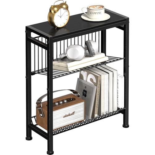 Narrow Side Table for Small Space, 3-Tier End Table with Magazine Holder, Slim Nightstand with Wire Shelf, Skinny Bedside Table in Living Room, Bedroom, Study, Kitchen and Balcony (Black) - color: Upgrade-black