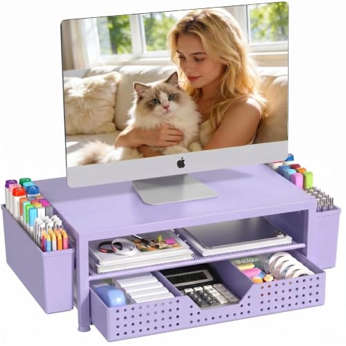 OPNICE Desk Organizers and Accessories, 2-Tier Computer Monitor Stand Riser with Drawer and 2 Pen Holders, Laptop Stand, Office Desk Accessories for Office Supplies, Purple - color: Purple, size: With Drawer and 2 Pen Holders