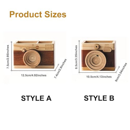 HAOXU 1pc Wooden Unique Pen Holder, Retro Camera Learning Stationery Pencil Holder For Student, Office And Home Small Item Storage Decoration Bucket - Style B