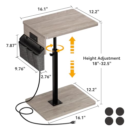 Vagusicc Sofa Armrest Tray Table for Couch - 360° Swivel Height Adjustable Side Table for Small Spaces, Snack Side Table for Bed or Chair, C Shaped End Table Snack Table for Eating Dinner Laptop - color: Greige, style: With Plug+Storage Bag