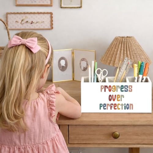 Progress Over Perfection Wooden Pen Holder | Motivational “Progress Over Perfection” design; 3-compartment wooden pencil caddy for office, home, or classroom desk. - color: Progress Over Perfection