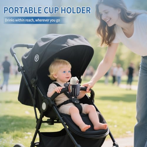 Stroller Cup Holder Compatible with Bob, Clip on Cupholder Attachment for Stroller, Cup Holder with Adjustable Clamp, Fits Most Cups, for Wheelchair, Walker, Bike, Scooter, Black