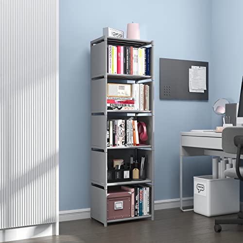 RIIPOO Book Shelf, 5-Cube Storage Organizer, Metal & Fabric Bookcase for Small Spaces, Bedroom, Living Room - style: 5-Cube