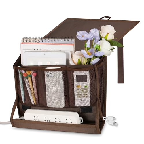 Bedside Storage Organizer with Power Strip Holder and Adjustable Straps Bed Hanging Bag for Home Bunk Bed Dorm Sofa (Brown) - color: Brown
