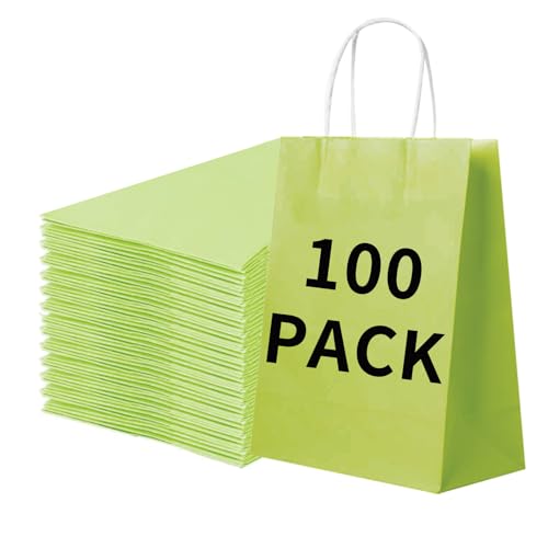 BAG BOX 100 Pack 5.9 * 3.2 * 8.3 Inch Green Gift Bags with Handles,Bulk Kraft Paper Bags for Shopping, Retail, Merchandise, Wedding, Party Favors, Paper Grocery Sacks - color: Green, size: 5.9 * 3.1 * 8.25 inch（Pack of 100）