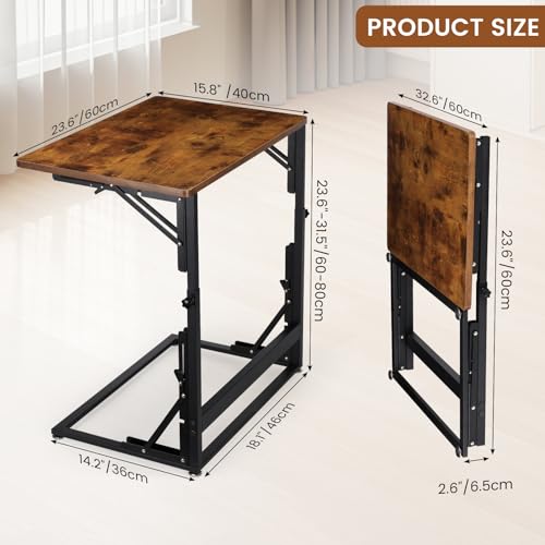 Folding Side Table, Adjustable C-Shaped End Table for Couch, Metal Frame TV Tray Table for Sofa Living Bedroom Bedside Coffee Small Spaces (Brown, 23.6" L x 15.8" W) - size: 23.6"L x 15.8"W