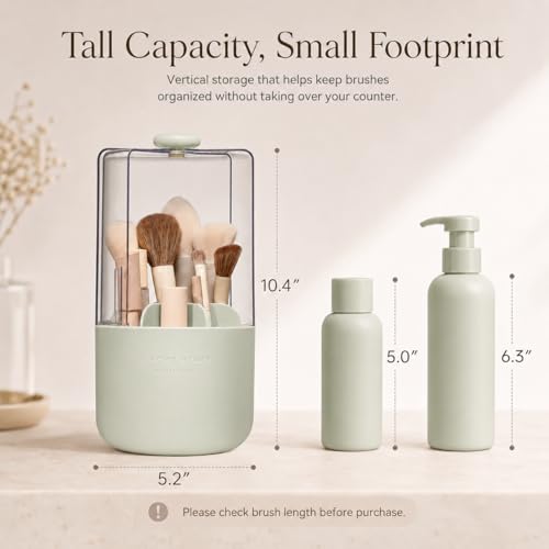 EACHY Makeup Brush Holder with Lid, Rotating Makeup Brush Organizer, Green | Dustproof Lid, 7 Compartments, Waterproof Plastic, Vanity Makeup Organizer for Brushes - color: Green