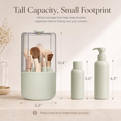 EACHY Makeup Brush Holder with Lid, Rotating Makeup Brush Organizer, Green | Dustproof Lid, 7 Compartments, Waterproof Plastic, Vanity Makeup Organizer for Brushes - color: Green