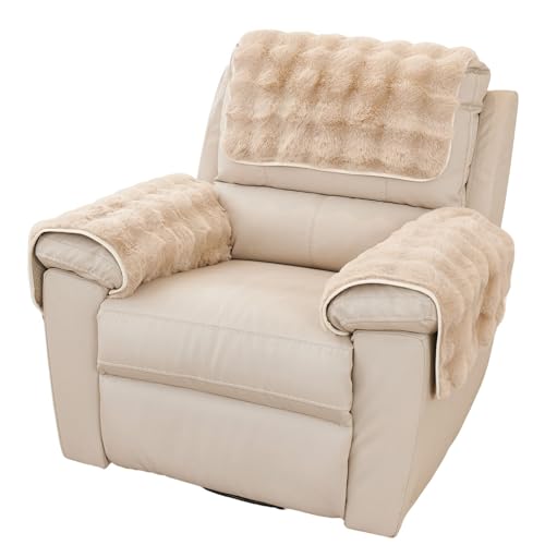 vctops 3 Pieces Faux Rabbit Fur Sofa Armrest Cover for Recliner Chair Non Slip Fluffy Furry Headrest Cover Soft Fuzzy Couch Cover for Dogs Washable Furniture Protector (Khaki,1 Seat) - color: Khaki