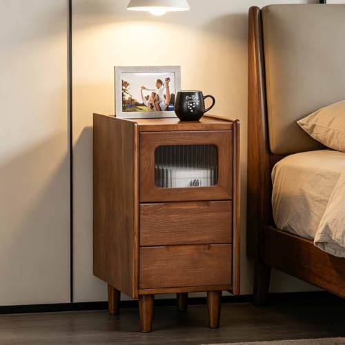 Narrow Nightstand 2 Drawers & Glass Door Cabinet with Open Shelf Narrow Night Stand Solid Wood Bedside Table Mid Century Modern Nightstand Wooden End Table for Bedroom, Living Room, Study, Office - size: 11.81"W × 15.75"D × 23.81"H