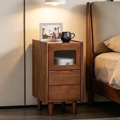 Narrow Nightstand 2 Drawers & Glass Door Cabinet with Open Shelf Narrow Night Stand Solid Wood Bedside Table Mid Century Modern Nightstand Wooden End Table for Bedroom, Living Room, Study, Office - size: 11.81"W × 15.75"D × 23.81"H