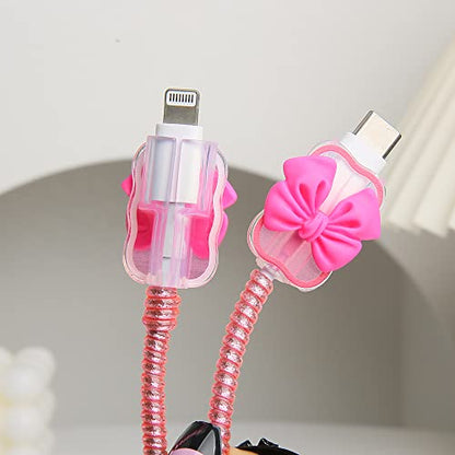 Compatible with iPhone 18W/20W USB-C Charger Cover Cute 3D Bow Tie Design Clear Soft Charger Protector Kawaii Cable Saver for iPhone 11 12 13 14 Pro Max Fast Power Adapter, Rose 2 (5in1) - color: Rose 2 (5 in 1)
