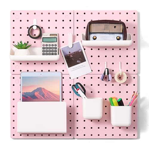 VUSIGN Peg Board Combination Kit, 22"x22" Pegboards and Accessories for Wall Organization with Two Installation Modes, Pegboard Wall Organizer for Office, Home, Desk,White Peg Board, Pink - color: Pink