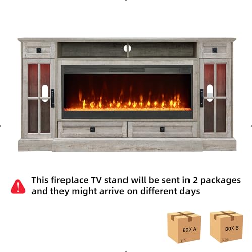 RedLemon Farmhouse Fireplace TV Stand for 80 Inch TV, 36" Tall Entertainment Center with 42" Crystal Eletric Fireplace, Modern Media Console Table with LED Lights for Living Room, Light Rustic Oak - color: Light Rustic Oak