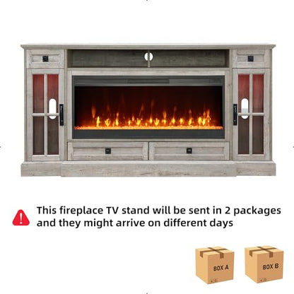RedLemon Farmhouse Fireplace TV Stand for 80 Inch TV, 36" Tall Entertainment Center with 42" Crystal Eletric Fireplace, Modern Media Console Table with LED Lights for Living Room, Light Rustic Oak - color: Light Rustic Oak