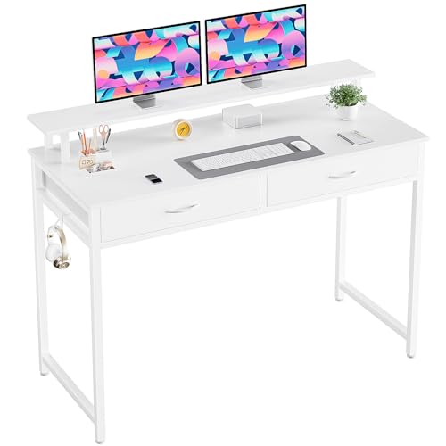 DUMOS 40 Inch Computer Desk with Monitor Stand and 2 Drawers, Small Writing Desk for Home Office with Headphone Hook, Compact Study Table for Bedroom, White - color: White, size: 40-In