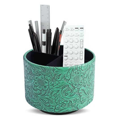 lizimandu Round Leather Art Supply Organizer,Remote Control Holder,360 Degree Spinning,Multi-Functional Pencil Holder,4 Compartments Desktop Stationary Organizer(1-Carved Green) - color: 1-Carved Green