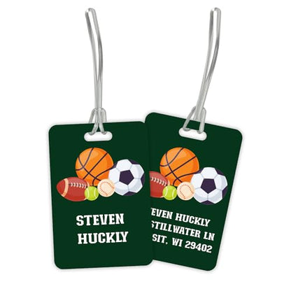 Personalized Sports Theme Luggage Tag / 2.75" x 4" Custom Modern Bag Tag/Double Sided Durable Plastic Luggage Tag with Plastic Strap/Made in The USA - style: Sports