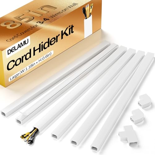 Delamu Cord Hider Wall, 85in Cord Covers for 3-4 Wires on Wall, Cable Hider Wire Hiders Wire Covers for TV Cords on Wall, Easy Mount Cable Cover Management Kit to Hide TV Wires, W1.18 H0.67in, White - color: White, size: 85in L x 1.18in W x 0.67in H