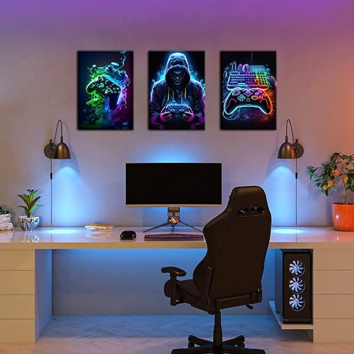 BGFCE Cool Gaming Canvas Wall Art Set of 3, Retro Video Game Watercolor Poster Pictures, Neon Gamepad Gamepad Painting Prints Game Room Bedroom Wall Decor 16x24 in Framed - color: Color Gamers, size: 24L" x 16W"