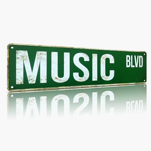 MUSIC BLVD Street Sign, Metal Decor for Music Room & Studio, 4x15 Inch Rustproof Aluminum Wall Art for Teen Bedroom - Gifts for Musicians & Lovers - color: Music