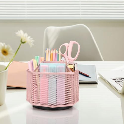 Exerz Desk Organiser/Mesh Desk Tidy Candy/Pen Holder/Multifunctional Organiser 360 Rotating - color: Light Pink