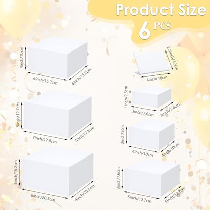6Pcs White Acrylic Buffet Risers with 6 Mini Signs, Nesting Food Display Stands for Buffet Table with Hollow Bottoms for Parties, Weddings, Desserts, and Collectibles (8"-7"-6"-5"-4"-3")