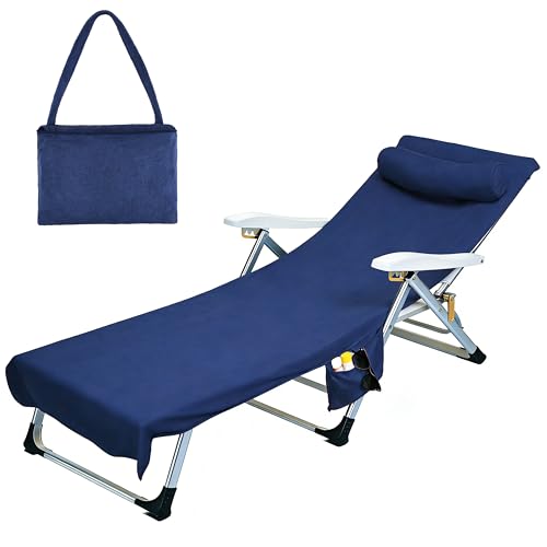 Tirrinia Lounge Chair Towel Cover with Fitted Top Pocket, DIY Pillow Design (Stuff with Clothes or Towels), Beach Chair Cover for Pool Lounge Chairs, Chaise Lounge Towel Cover, Soft & Quick Dry - color: Navy