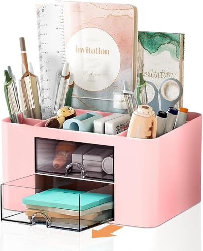 Stationary Organiser 7-Grid Desk Organizer with Drawer – Multifunctional Plastic Table Organizer & Pen Holder for School, Office, and Home (Pink) - color: Pink