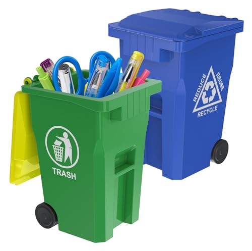 Wiosi Mini Garbage Trash Pen Holder for Desk, Pack of 2, Blue & Green, Tiny Recycle Bin Pencil Holder | Storage for Pencils & Pens | Office Stationery to Organize the Desk | Ideal for Student Work - color: Blue-Green, size: 5"