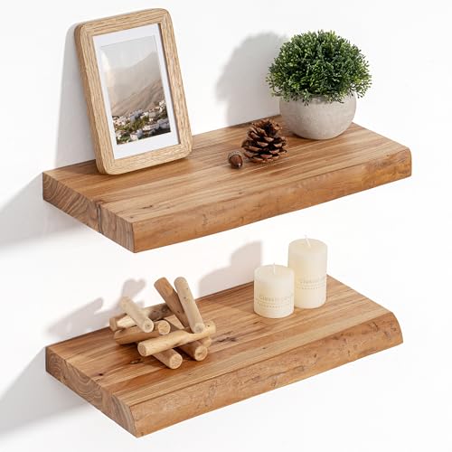 Floating Shelves for Wall, Rustic Solid Elm Wood Live Edge Floating Shelves Wall Mounted, Wall Shelves with Invisible Bracket for Living Room Bedroom Bathroom Kitchen, 15.7 Inch Set of 2, Natural - color: Natural, size: Live Edge, 15.7"L, 2Packs
