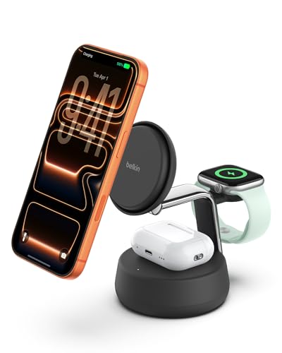 Belkin MagSafe Charger Compatible, 3-in-1 Charging Station, Qi2.2 25W w/Cooling Fan (On/Off Control) Magnetic Wireless Charger for iPhone 17, Apple Watch, AirPods, Pixel 10 (45W Adapter Included) - color: Black, style: 3 in 1