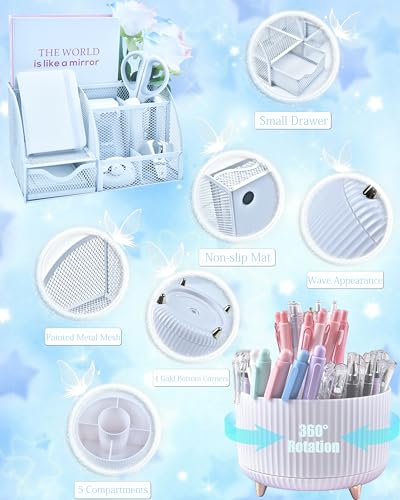 LXEVIHK 20Pcs White Desk Organizers and Accessories With Mesh Desk Organizer and 360°Rotating Pen Holder and a Lot of Office White Office Supplies Beautifully Presented in a Gift Box - color: white