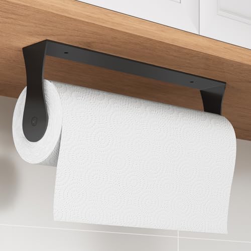 Paper Towel Holder Under Cabinet, Stainless Steel, Wall Mount, Black Adhesive Paper Roll Holder for Kitchen and Bathroom - color: Black