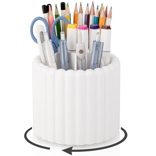 Anyoifax 360° Rotating Pen Holder 7 Slots Desk Organizer Removable Pencil Cup Plastic Art Supplies and Accessories Desktop Storage Box Caddy for Office, School, Home (White) - color: White, size: Small