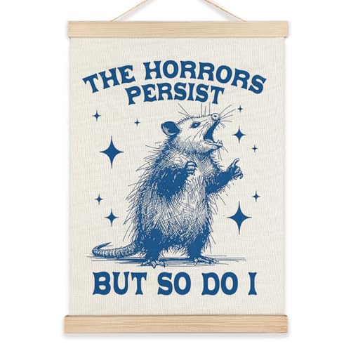 LZYRF Funny Opossum Mental Health Wall Art Poster Framed, Possum Gifts, Retro Blue Positive Affirmations Inspirational Canvas Prints Wall Decor for Therapy School Counseling Office, 12x16 Inch - color: The horrors persist but so do I, size: 16"L x 12"W